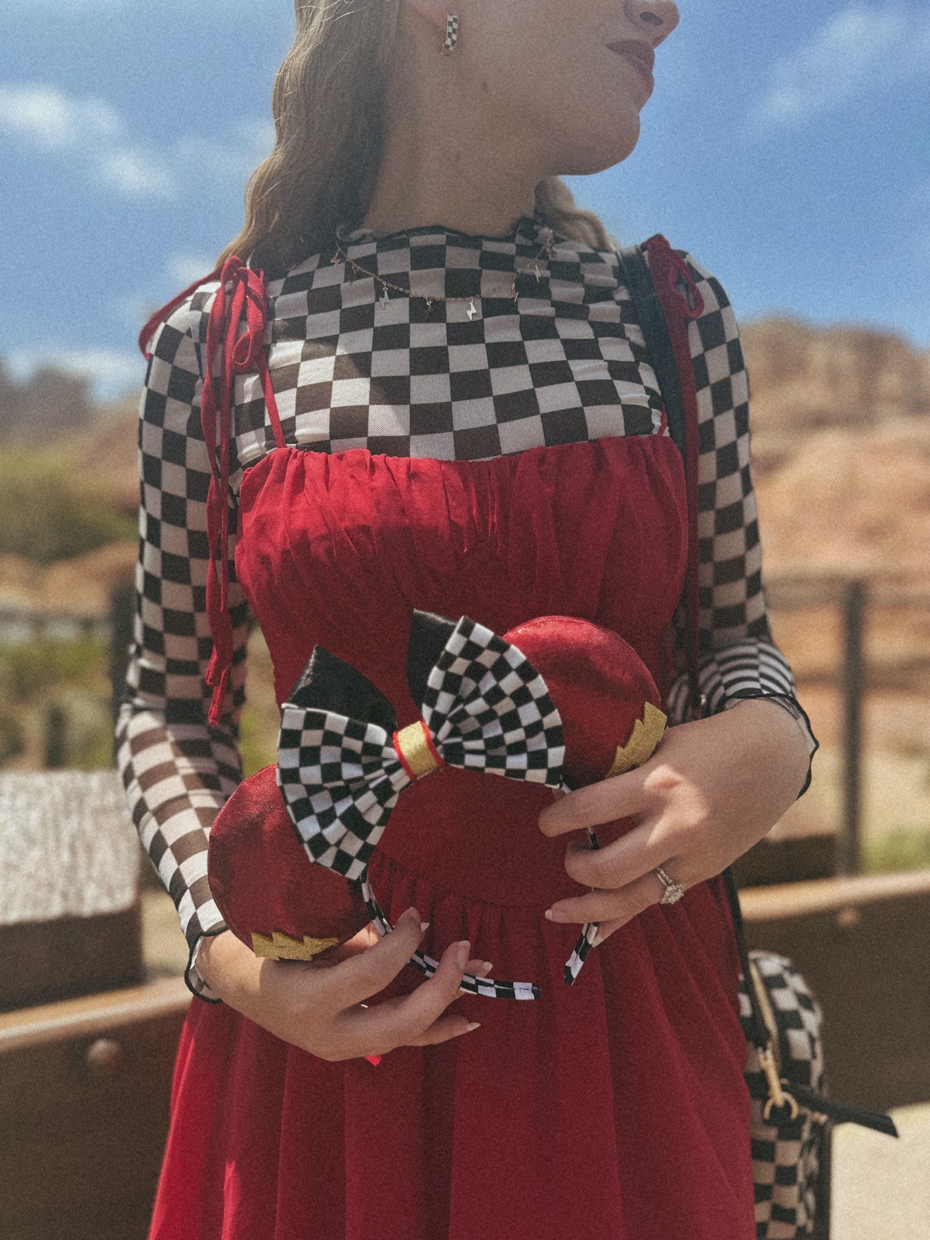 I Am Speed. Sparkly red, layered checkered bow, gold bolts.